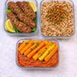 Baked beef kibbeh, rice and lentils