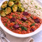 Red Lentil with Beetroot Stew, Rice & Brussel sprouts