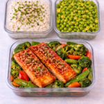 Salmon and veggies Teriyaki, Rice & edamame